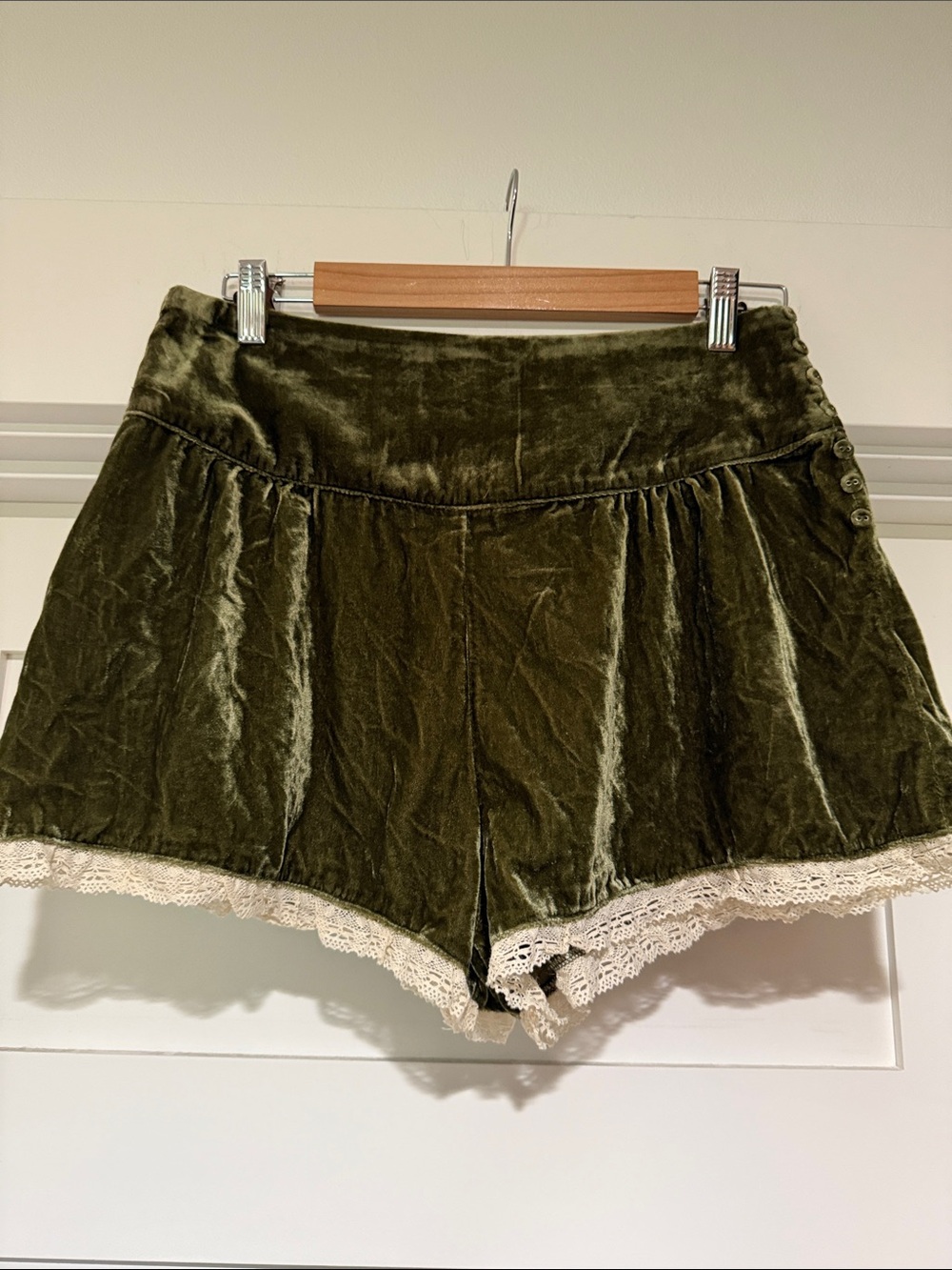 NWOT High-Waist Olive Velvet Shorts with Cream Lace Trim